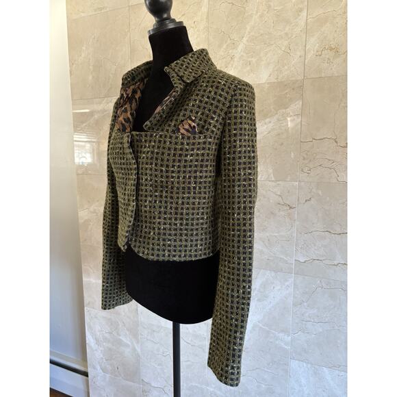 Carlisle Tweed Cropped Blazer 6 Green Black Leopard Statement Jacket Office Chic - Picture 3 of 13